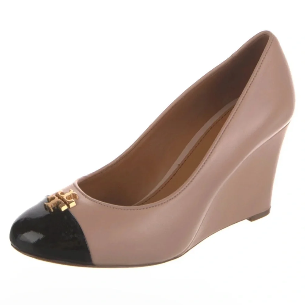 Tory Burch Black and Tan Wedge Shoes pumps Sz 8 M